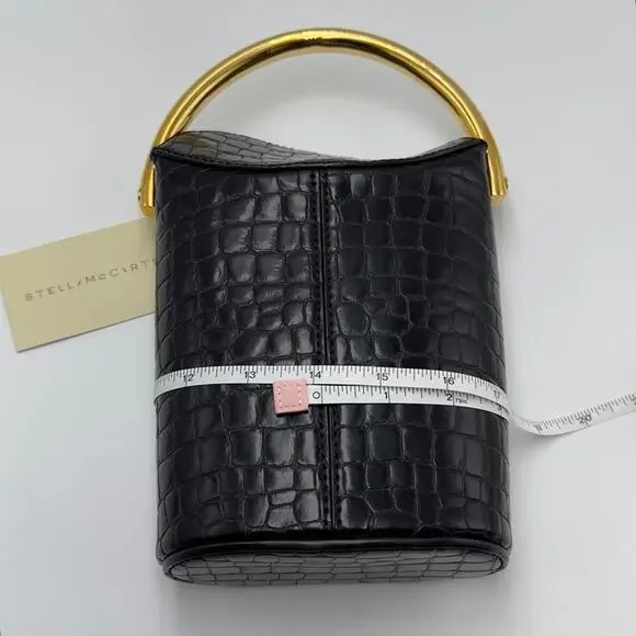New Stella McCartney Black Croc Embossed Bucket Bag Gold Handle W/ Dust Bag - Picture 12 of 16